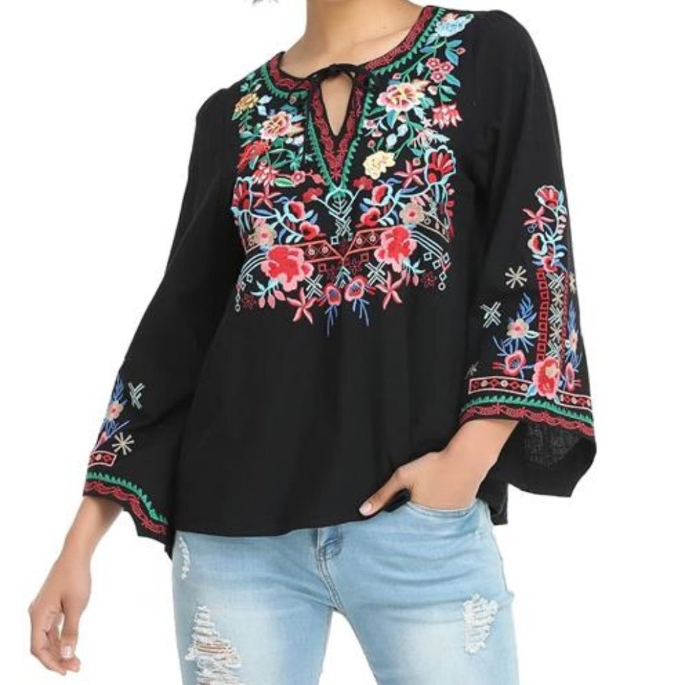 Black Floral Embroidered Long‎ Sleeve Blouse Boho V Neck Tunic Top